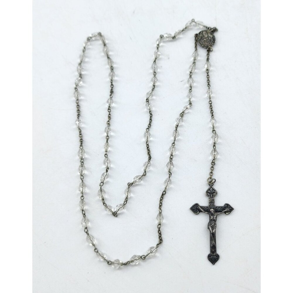 Vtg Sterling Silverโ Pendant & Clear Crystal Beaded Crucifix Rosary 5" Dropdown